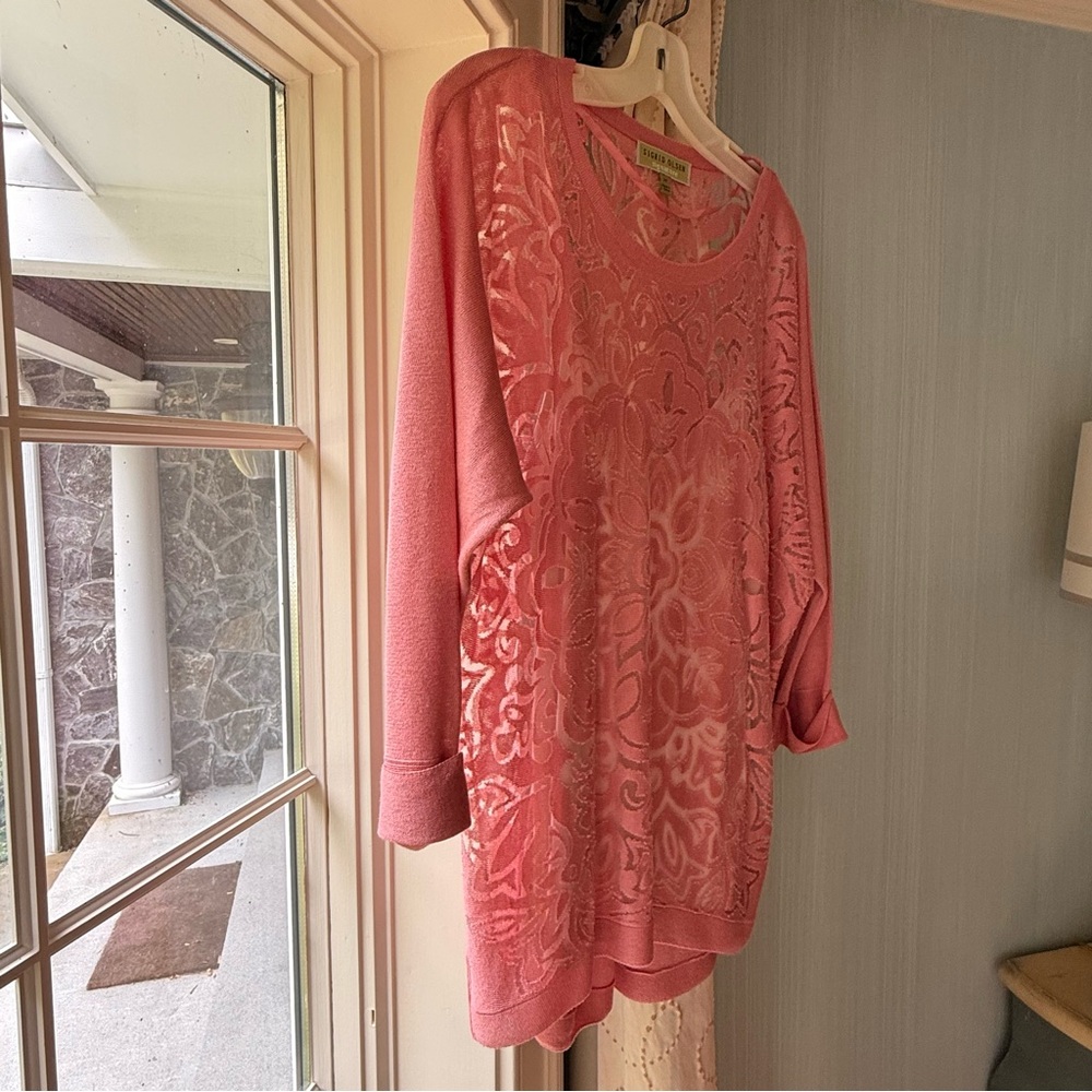Sigrid Olsen Pink Floral Lace Transparent Blouse with Seperate Liner Tank Top - Picture 5 of 14
